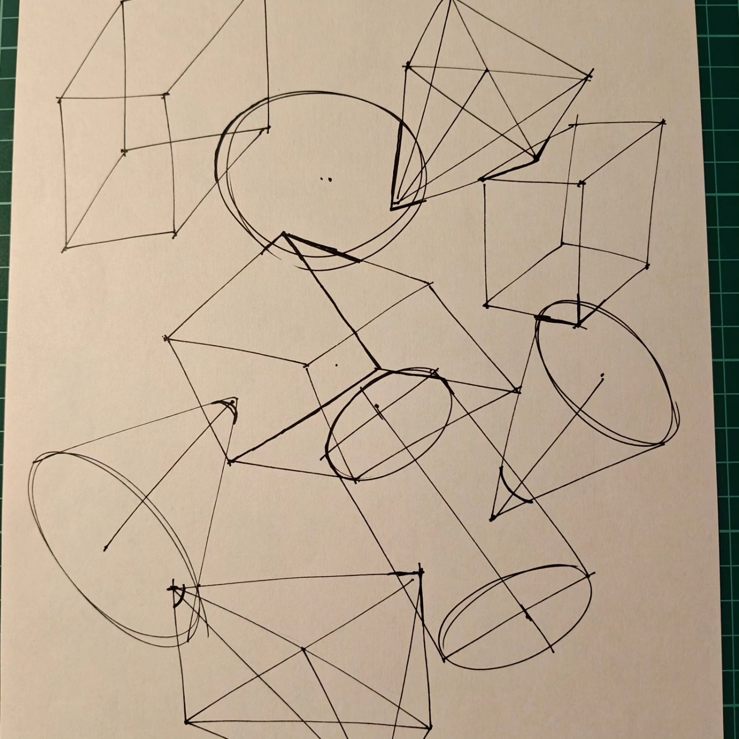 Various 3D forms intersecting with intersection lines